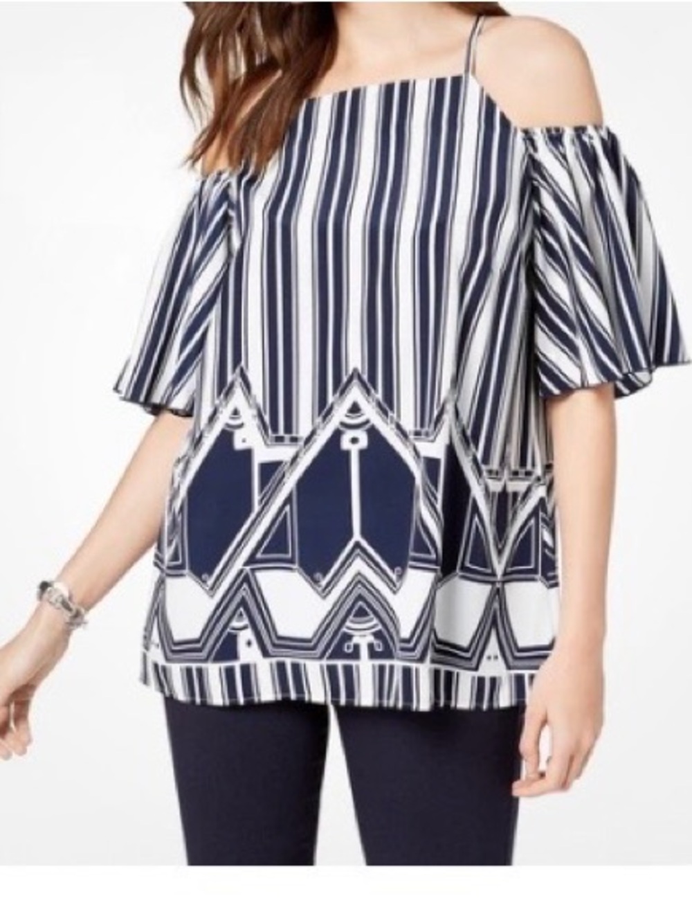 Alfani Navy and White Cold-Shoulder Striped Geometric Blouse